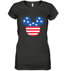 Disney Mickey Mouse Head America Flag Women's V-Neck T-Shirt