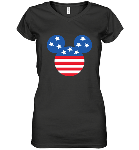 Disney Mickey Mouse Head America Flag Women's V-Neck T-Shirt Women's V-Neck T-Shirt / Black / S Women's V-Neck T-Shirt - HorseTee