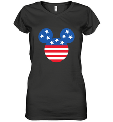 Disney Mickey Mouse Head America Flag Women's V-Neck T-Shirt Women's V-Neck T-Shirt - HorseTee