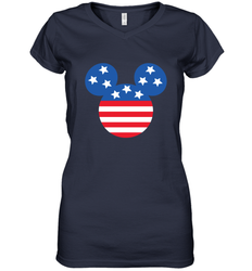 Disney Mickey Mouse Head America Flag Women's V-Neck T-Shirt