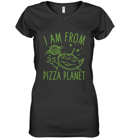 Disney Pixar Toy Story Neon Green Alien Pizza Planet I Am From Pizza Planet Women's V-Neck T-Shirt Women's V-Neck T-Shirt / Black / S Women's V-Neck T-Shirt - HorseTee