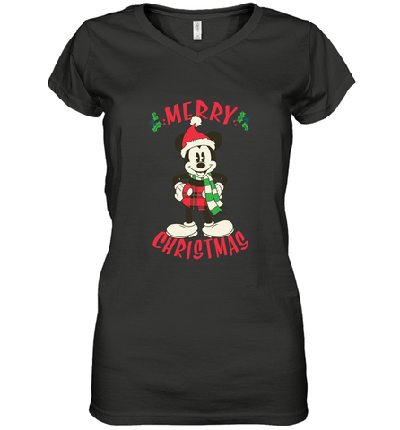 Disney Vintage Mickey Mouse Merry Christmas Women's V-Neck T-Shirt Women's V-Neck T-Shirt / Black / S Women's V-Neck T-Shirt - HorseTee