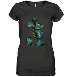 Disney Mickey Mouse Floral Silhouette Women's V-Neck T-Shirt