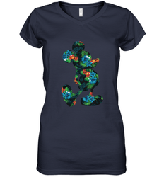 Disney Mickey Mouse Floral Silhouette Women's V-Neck T-Shirt